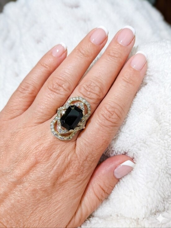 Vintage Jewelry - Vintage Black Onyx With Gold Tone Art Deco Style Ring Size 8 Or 8.5